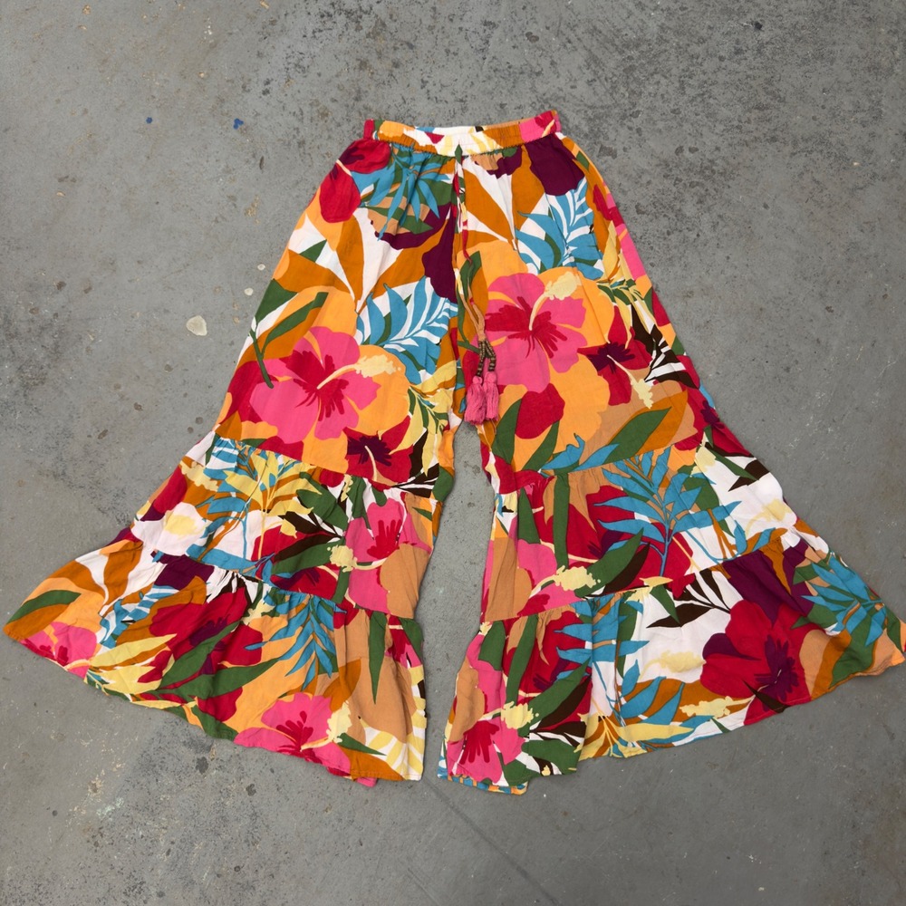True Destinations Floral Wide Leg Palazzo Pants Small Pink Orange Boho Tassels